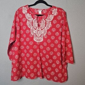 American Sweetheart‎ Red & White Embroidered Shirt Womens XL Lightweight Cotton